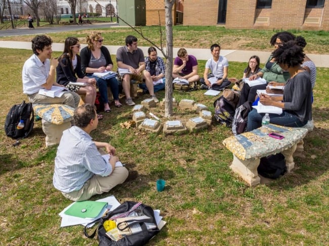 Students gathered around a spindly tree outside.